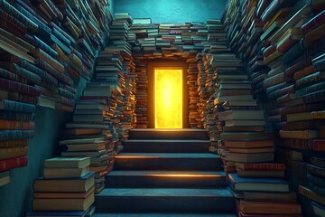 Staircase of books leading to a glowing door at the end of the hall