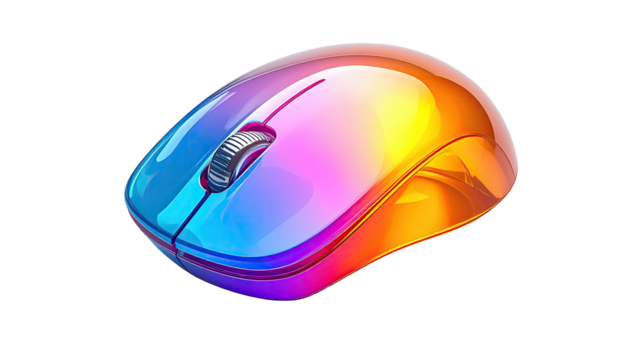 Glossy PC mouse with iridescent colorful finish on dark background
