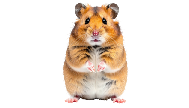 Adorable hamster stands upright, paws together, isolated view