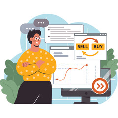 Person standing confidently arms crossed in front of a computer screen showing a stock market graph with buy and sell indicators and chat bubbles above in a 