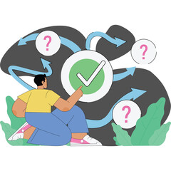 Person Thinking About Process Flow With Question Marks and Check Mark Symbol Decision Making Concept Illustration With Arrows and Leaves