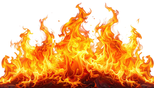 Vibrant, orange-yellow flames against a dark, transparent backdrop