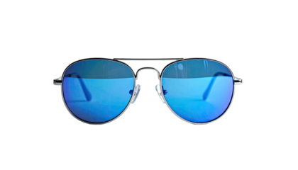 Aviator sunglasses with blue lenses, against a dark backdrop