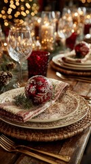 Naklejka premium Yuletide charm: delightful decorative holiday tableau. Stylish concept. A whimsical christmas wonderland: tabletop treasures and scenic beauty. Lavish clothing. High-end fashion.