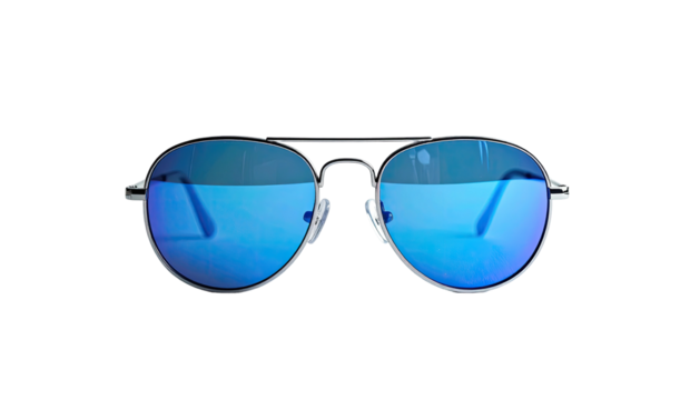 Aviator sunglasses with blue lenses, against a dark backdrop - Powered by Adobe