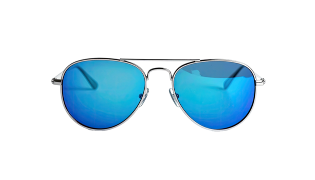 Silver aviator sunglasses with bright blue mirrored lenses