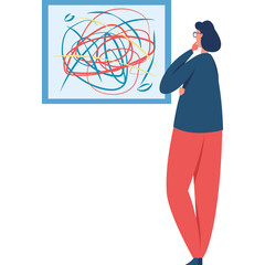 Person contemplating abstract art painting with red blue and yellow lines on a blue frame with white background and transparent background