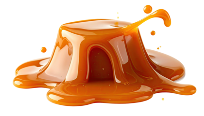 Glossy caramel dripping, spilling onto surface