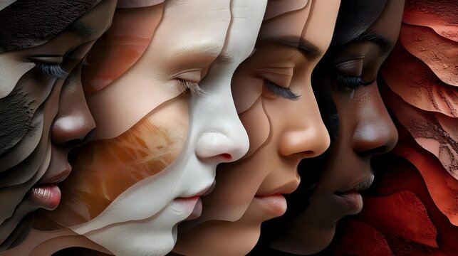 Diverse female profiles in layered textural composition showing different skin tones and ethnicities, representing unity in diversity and human connection.