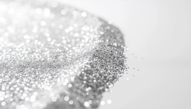 Close-up macro shot of sparkling silver glitter granules, creating a mesmerizing texture with a soft bokeh background, perfect for festive and decorative themes