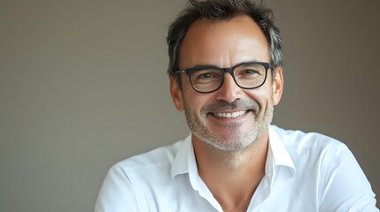 Confident mature businessman with glasses and salt-pepper beard smiling warmly against neutral background, conveying approachability and professional success.
