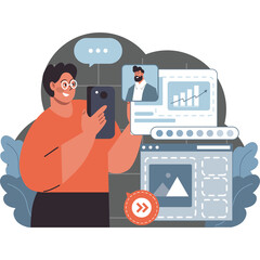 Person holding smartphone showing online profile and digital interface with charts and images on transparent background with organic plant elements