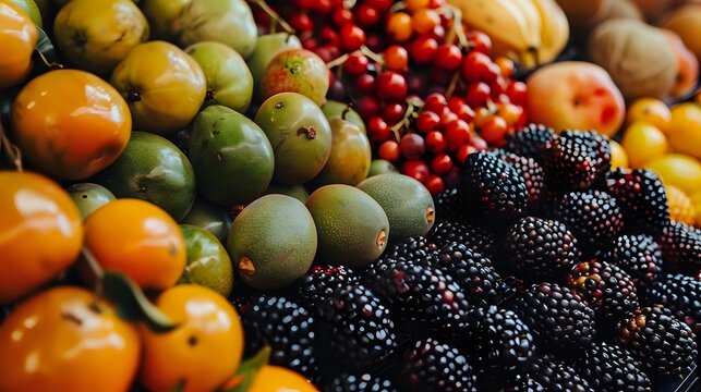 Fresh assortment of colorful fruits including blackberries, persimmons, kiwi, and red berries at farmers market. Vibrant organic produce for healthy eating. - Powered by Adobe