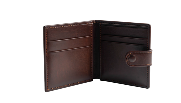 Opened brown leather wallet with card slots and buttoned closure