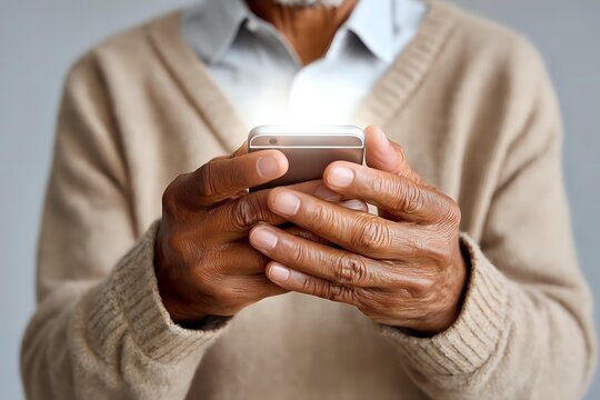 Close-up of senior African American man's hands holding smartphone, wearing beige sweater over collared shirt, representing digital connectivity for older adults.