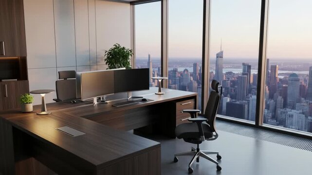 A luxurious office interior features a city view, desk, chair, monitors, and modern lighting