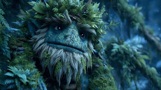Forest creature with moss-covered face and expressive eyes gazing thoughtfully in mystical blue woodland environment.