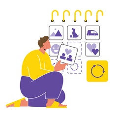 Person Kneeling Next To Calendar With Icons Of Mountain Dog Car Smiley Face Hearts And Refresh Symbol Flat Illustration