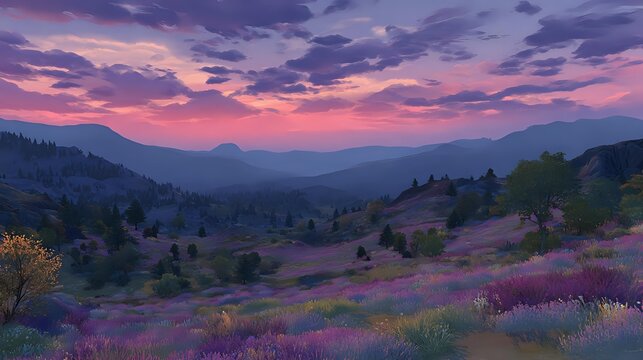 Dramatic sunset over mountain valley with purple wildflower meadow in foreground and layered hills fading into misty distance under colorful sky.