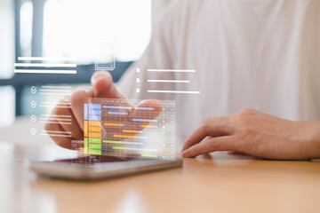 Businessman using project management software with Gantt chart and data analytics dashboard on mobile device. Digital workflow planning for productivity efficiency.