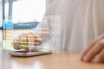 Businessman using project management software with Gantt chart and data analytics dashboard on mobile device. Digital workflow planning for productivity efficiency.