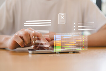 Businessman using project management software with Gantt chart and data analytics dashboard on mobile device. Digital workflow planning for productivity efficiency.