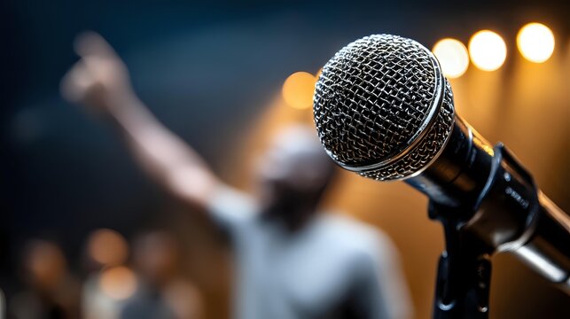 Professional microphone on stage with blurred performer silhouette and golden spotlights in background, creating dramatic concert atmosphere. - Powered by Adobe