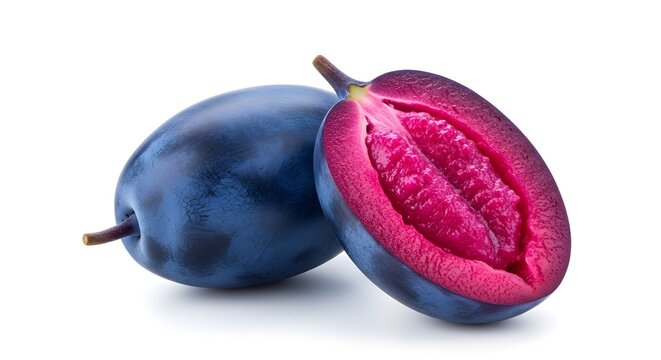 Haskap Berry with Vibrant Magenta Cross Section Isolated on White