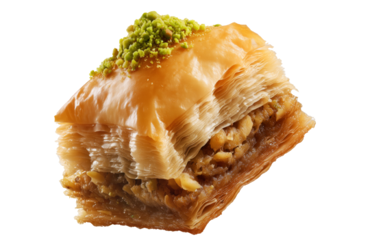Traditional Turkish baklava filled with pistachios and syrup, cut square triangle isolated on white transparent background, symbolizing sweet cuisine