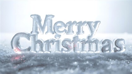 Merry Christmas Ice Sculpture on Sparkling Snow Background, Holiday Greetings with Frozen Text and Winter Ambiance
