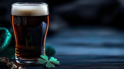 Glass of dark amber beer with foam head and shamrock decorations on dark wooden table, celebrating Irish tradition for St. Patrick's Day.