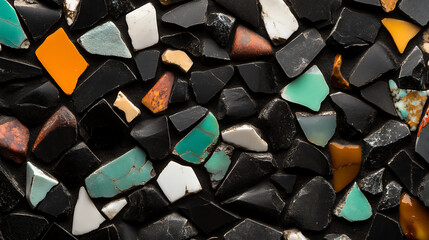 Polished stone aggregate with vibrant turquoise, orange, brown, and white elements contrasting against sleek black shards, perfect for adding an elegant touch to any surface.