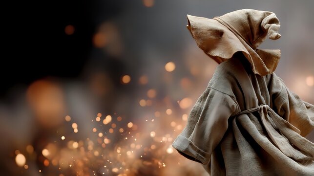 Mysterious hooded figure in gray cloak against dark background with glowing orange sparks, creating fantasy atmosphere for book cover design.