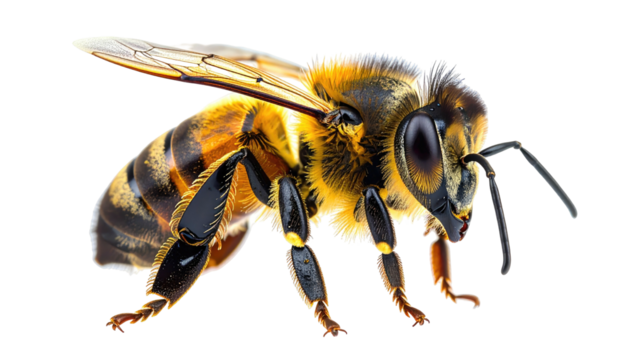 Striped bee in profile, translucent wings, legs shown