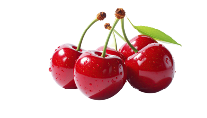 Four shiny red cherries, stems and one leaf, on black backdrop