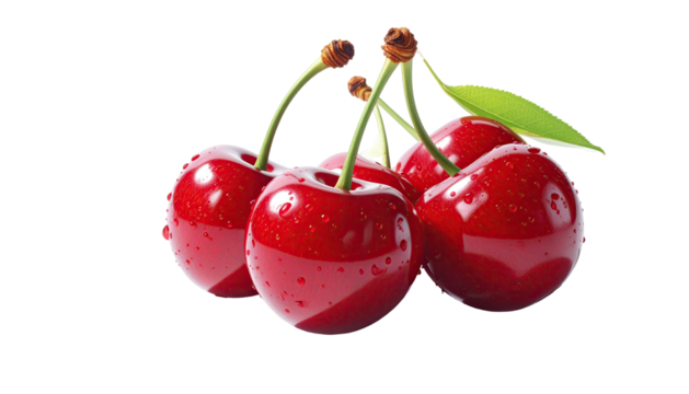 Four shiny red cherries, stems and one leaf, on black backdrop