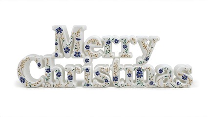 Floral Merry Christmas Decoration on White Background, Festive Word Art with Decorative Botanical Accents