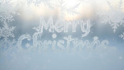 Merry Christmas Written in Frost with Snowflakes, Frosted Christmas Message on a Window with Festive Winter Decorations