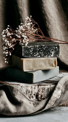 Stack Of Handmade Natural Organic Soap Bars With Dried Gypsophila Flowers