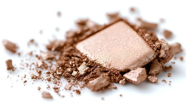 Crushed bronze eyeshadow powder with intact square compact piece on white background, showcasing makeup texture and pigmentation.