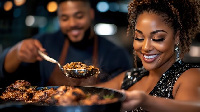 African American woman enjoying restaurant meal with chef serving food in background, elegant dining experience with warm ambiance.
