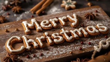 Merry Christmas Gingerbread Letter Cookies On Wood, Festive Holiday Baking Scene, Christmas Cookies Arranged As Merry Christmas on Rustic Wooden Board