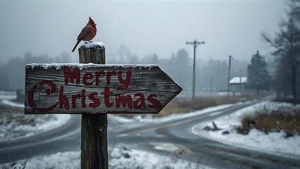 Cardinal Sits on a Merry Christmas Sign in a Snowy Landscape, Cardinal in the Snow Perched Atop a Christmas Sign During a Cold Winter Day