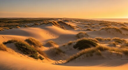 Golden hour illuminates rolling sand dunes and sparse vegetation, creating a serene desert landscape