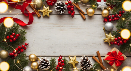 Create stunning holiday promotions with this rustic wooden background framed by festive Christmas decorations and soft string lights for a cozy winter vibe.