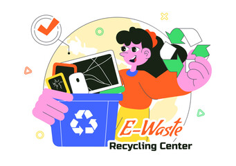 E-Waste Recycling Center Vector Illustration Featuring Electronic Waste Management and Proper Processing of Technological Rubbish In a Background
