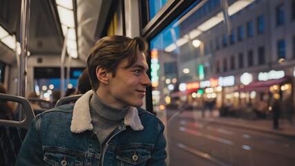 Young person on public transport looks out window at night city - Powered by Adobe