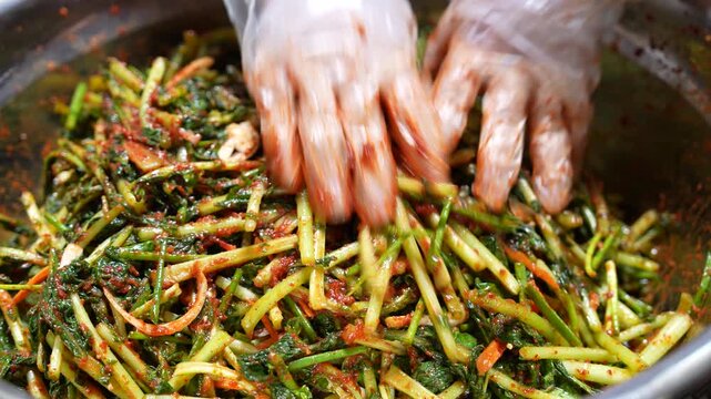 Traditional Korean Pa-Kimchi Preparation with Spicy Seasoning