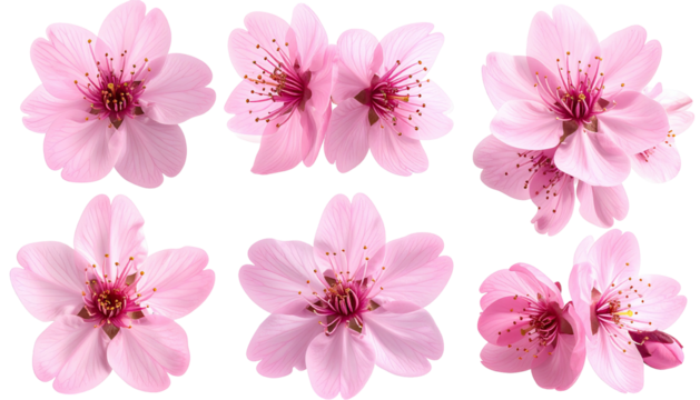 Six light pink blossoms, each with reddish pistils, isolated