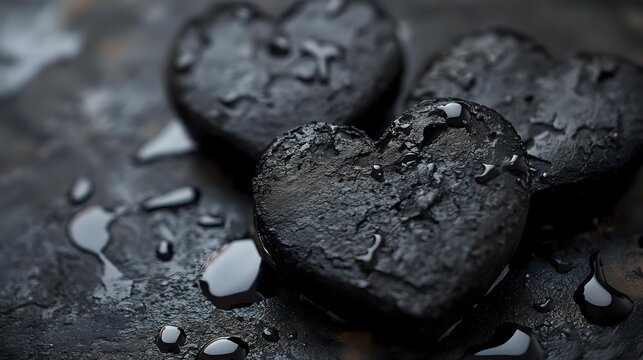 Dark heart-shaped charcoal cookies with water droplets on black surface, creating moody Valentine's Day or gothic romance food photography.
